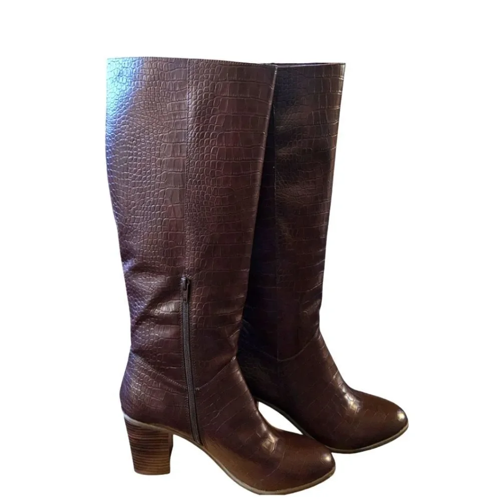 BC Footwear Make An Impact Vegan Croc-Embossed Stacked Heel Knee-High Boots 10M